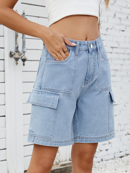 Hazel Blues® |  High Waist Denim Shorts with Cargo Pockets