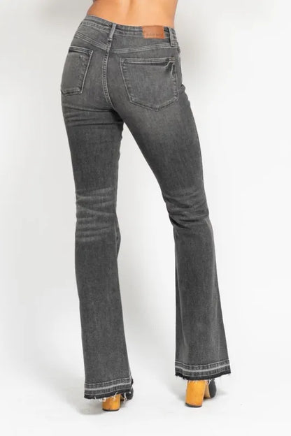 Hazel Blues® | Judy Blue Mid Rise Tummy Control Washed Gray Release Hem Flare Jeans