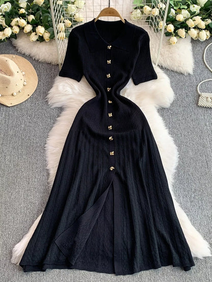 Hazel Blues® |  Button Front Ribbed Knit Midi Dress