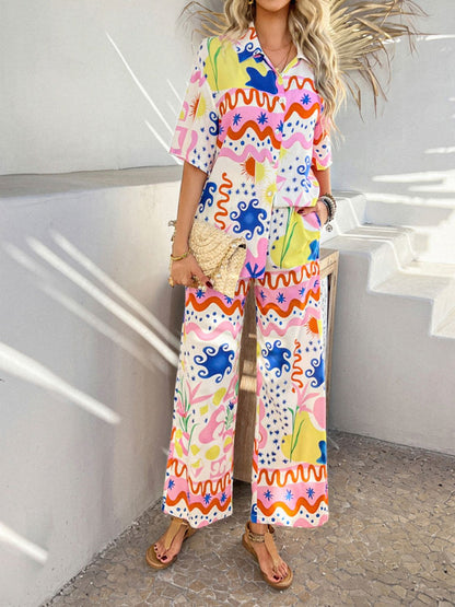 Hazel Blues® |  Devine Printed Button Down Shirt and Pants Set
