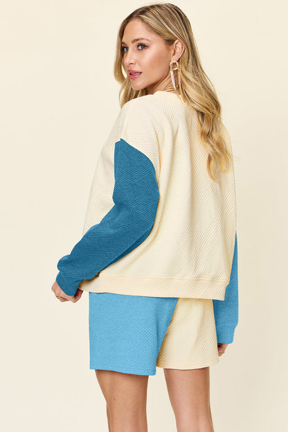 Hazel Blues® |  Double Take Contrast Drop Shoulder Top and Shorts Set