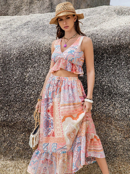 Hazel Blues® |  Printed V-Neck Top and Midi Skirt Set