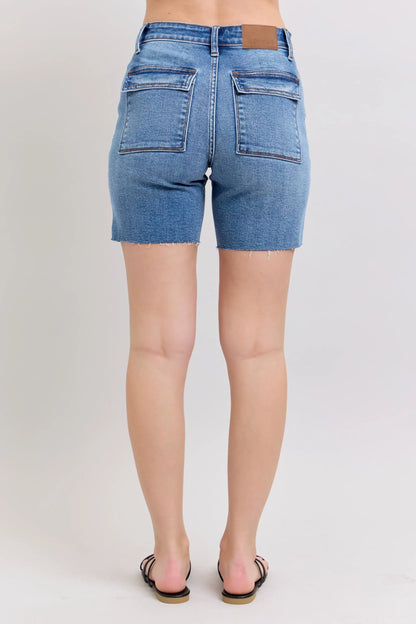 Hazel Blues® | Judy Blue Mid Rise Bermudas Denim Shorts W/ Back Flap Pockets