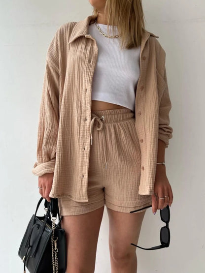 Hazel Blues® |  Textured Button Up Shirt and Shorts Set
