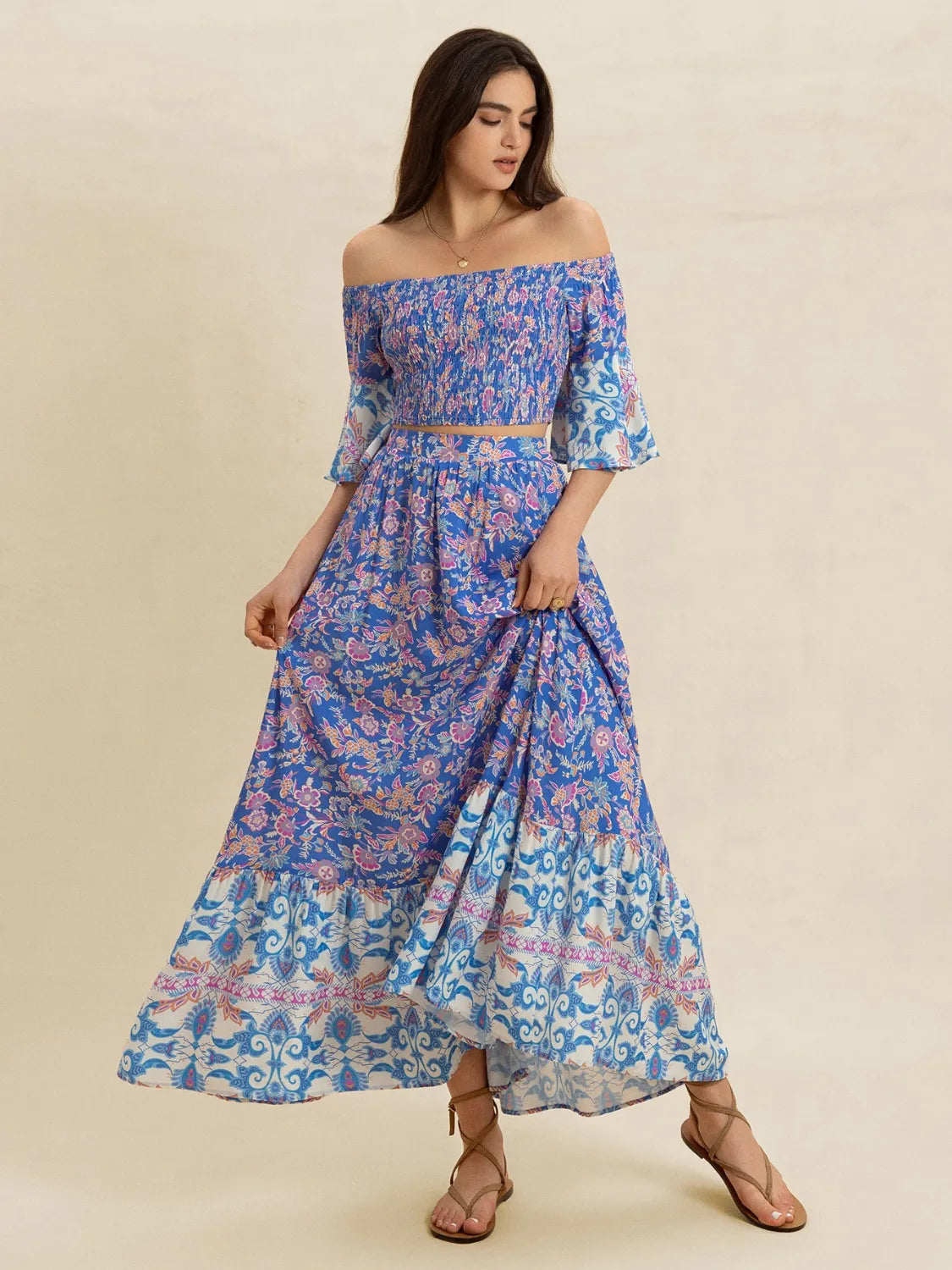 Hazel Blues® |  Smocked Off-Shoulder Printed Top and Skirt Set