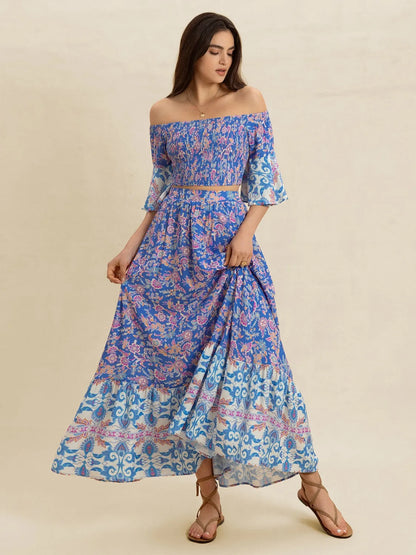 Hazel Blues® |  Smocked Off-Shoulder Printed Top and Skirt Set