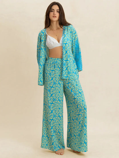 Hazel Blues® |  Boho Open Front Kimono Top & Wide Leg Pants Set