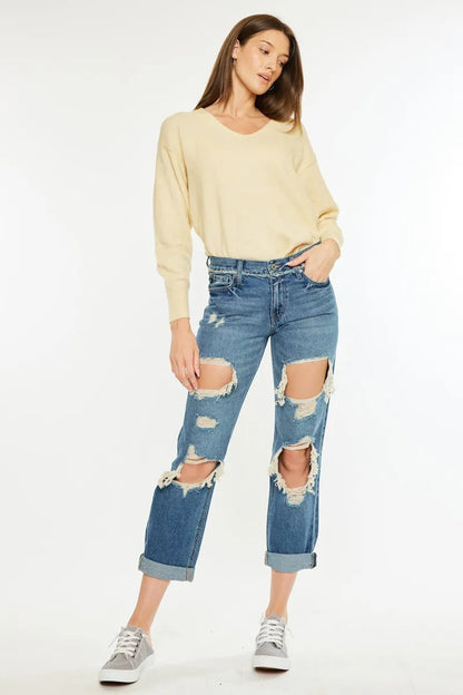 Hazel Blues® |  Kancan Distressed Mid Rise True Boyfriend Jeans