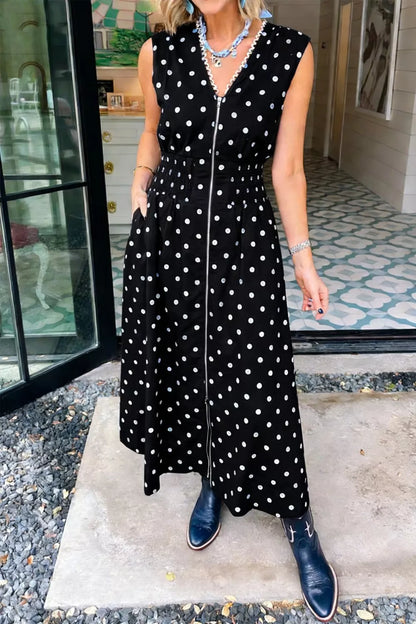 Hazel Blues® |  Polka Dot Zipper Front Midi Dress