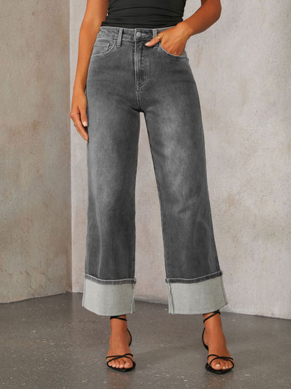 Hazel Blues® |  High Waisted Straight Leg Rolled Jeans