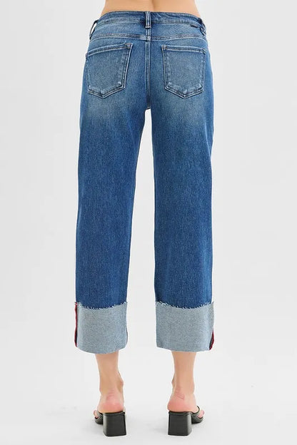 Hazel Blues® | RISEN Tummy Control Mid Rise Crop Wide Cuffed Jeans