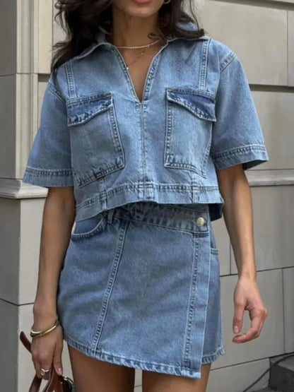 Hazel Blues® |  Johnny Collar Short Sleeve Top and Skort Denim Set