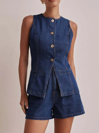 Hazel Blues® |  Button Down Vest and Shorts Denim Set