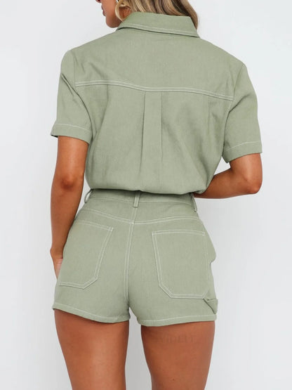Hazel Blues® |  Button Up Short Sleeve Top and Shorts Denim Set