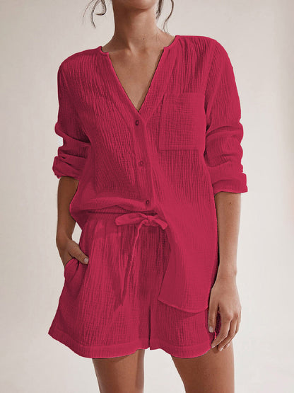 Hazel Blues® |  Notched Long Sleeve Top and Shorts Set