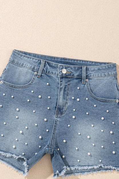 Hazel Blues® |  Pearl Beaded Raw Hem Wash Denim Shorts