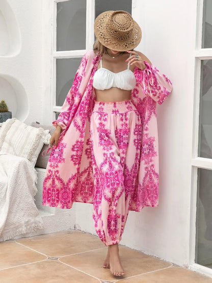 Hazel Blues® |  Printed Open Front Top and Pants Set