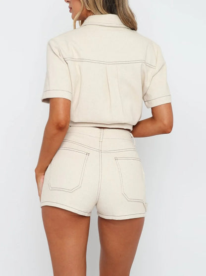 Hazel Blues® |  Button Up Short Sleeve Top and Shorts Denim Set