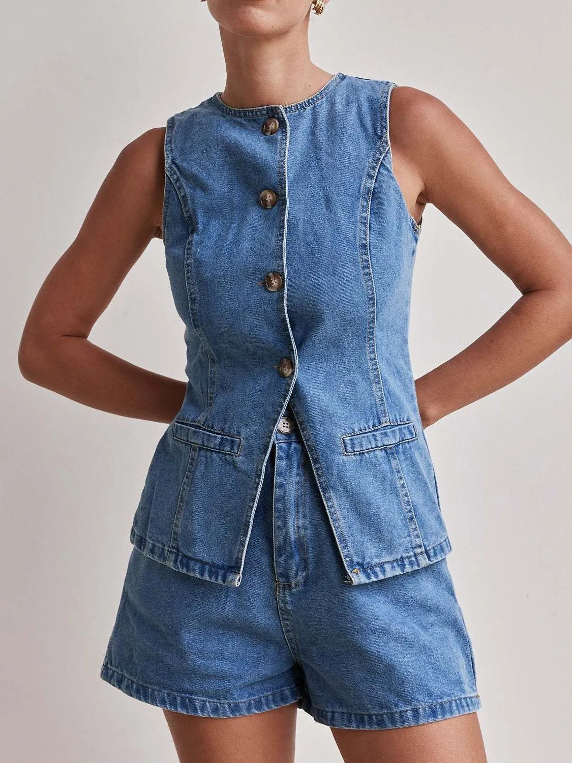Hazel Blues® |  Button Down Vest and Shorts Denim Set