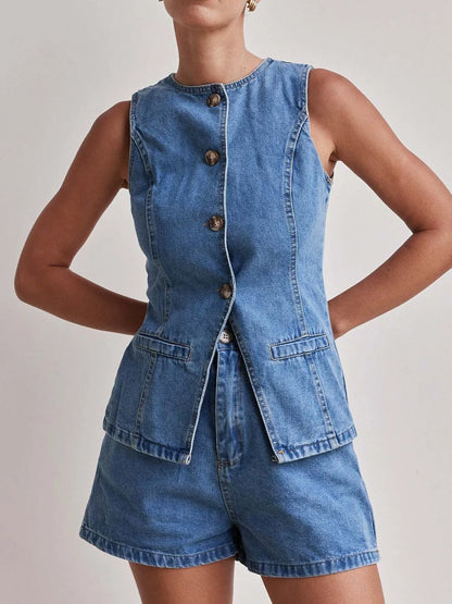 Hazel Blues® |  Button Down Vest and Shorts Denim Set