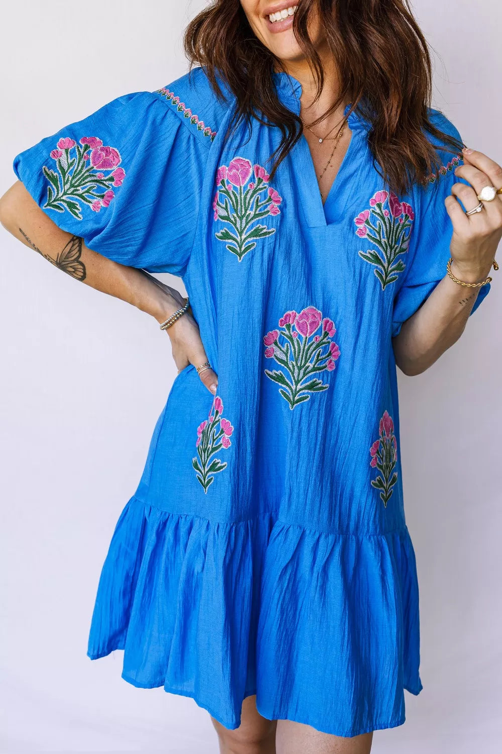 Hazel Blues® |  Flower Embroidered Split Neck Short Puff Sleeve Ruffle Hem Dress