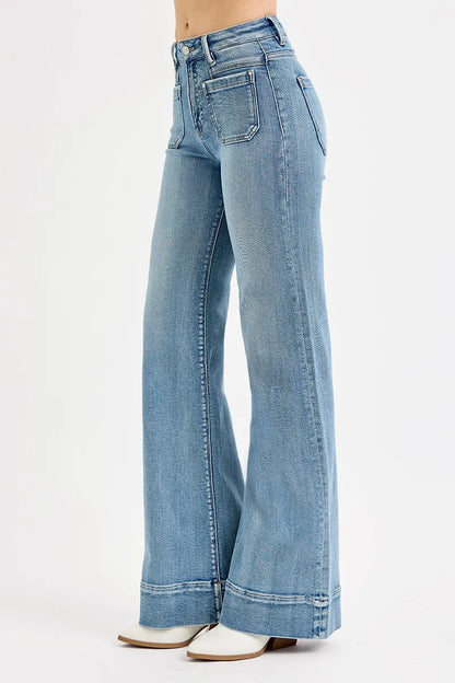 Hazel Blues® | RISEN High Rise Wide Flare Patch Pocket Jeans
