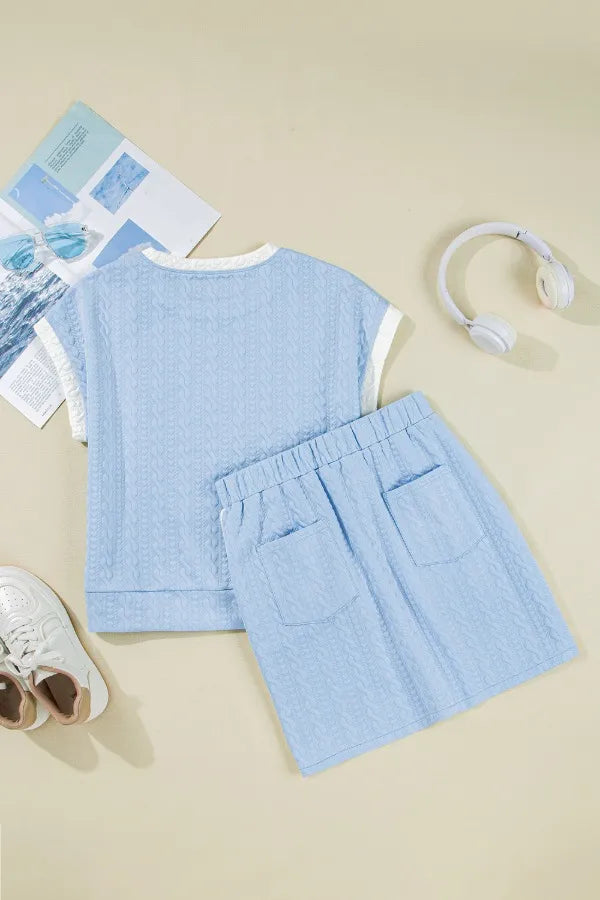 Hazel Blues® |  Contrast Trim Textured Crewneck Tee and Pocketed Skirt Set