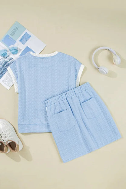 Hazel Blues® |  Contrast Trim Textured Crewneck Tee and Pocketed Skirt Set