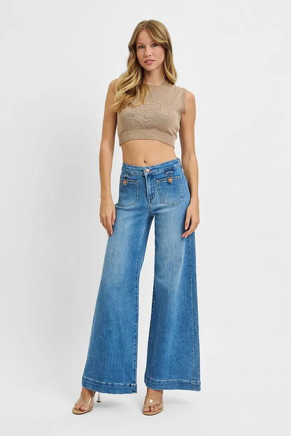 Hazel Blues® | RISEN Mid Rise Wide Front Patch Pocket Jeans