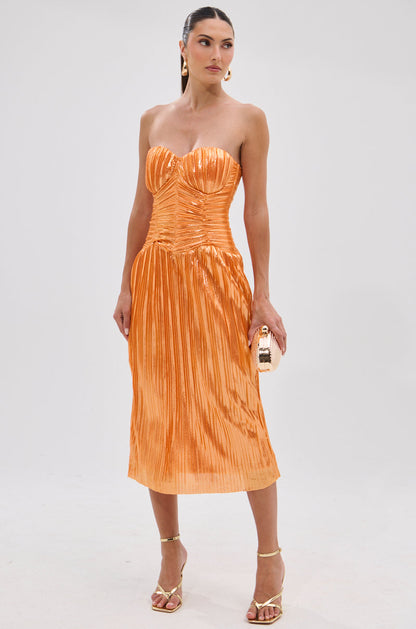 ALL ABOUT ME SATIN BUBBLE MIDI DRESS IN ORANGE