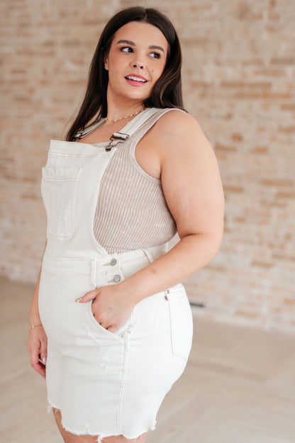 Hazel Blues® |  Anna High Rise Garment Dyed Cutoff Shortalls in Ecru