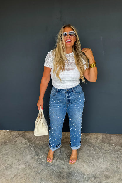 Hazel Blues® |  PREORDER: Denim & Pearls Crop Jeans