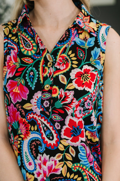 Hazel Blues® |  Coral Sands Collared Tank Dress in Dark Floral Paisley