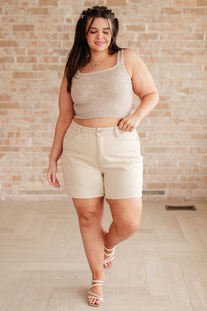 Hazel Blues® |  Greta High Rise Garment Dyed Shorts in Bone