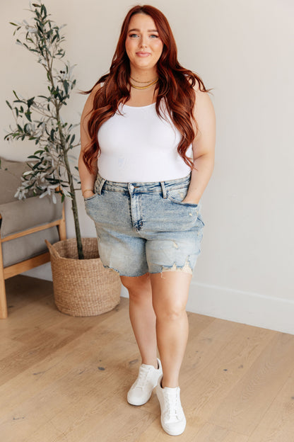 Hazel Blues® |  Cindy High Rise Mineral Wash Distressed Boyfriend Shorts
