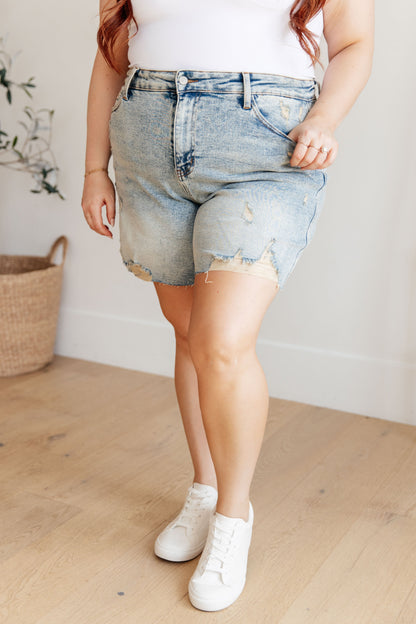 Hazel Blues® |  Cindy High Rise Mineral Wash Distressed Boyfriend Shorts