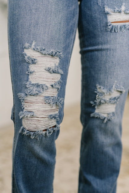 Hazel Blues® |  Maureen High Rise Distressed Bootcut Jeans