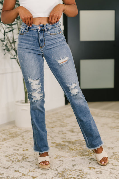 Hazel Blues® |  Maureen High Rise Distressed Bootcut Jeans