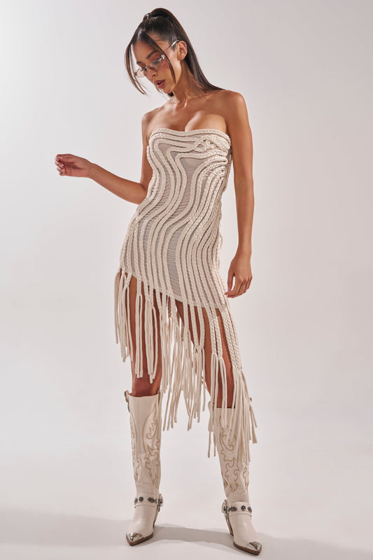 ALL OVER THE PLACE BRAIDED MIDI DRESS IN IVORY