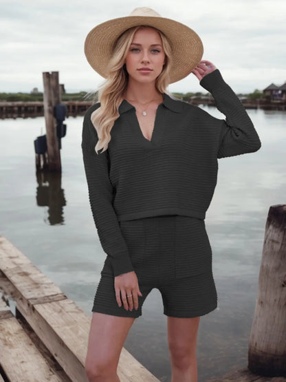 Hazel Blues® |  Johnny Collar Long Sleeve Top and Shorts Sweater Set