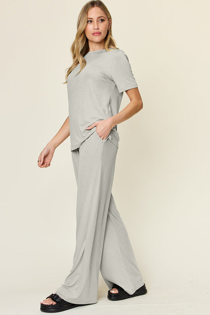 Hazel Blues® |  Double Take Round Neck Short Sleeve T-Shirt and Wide Leg Pants Set