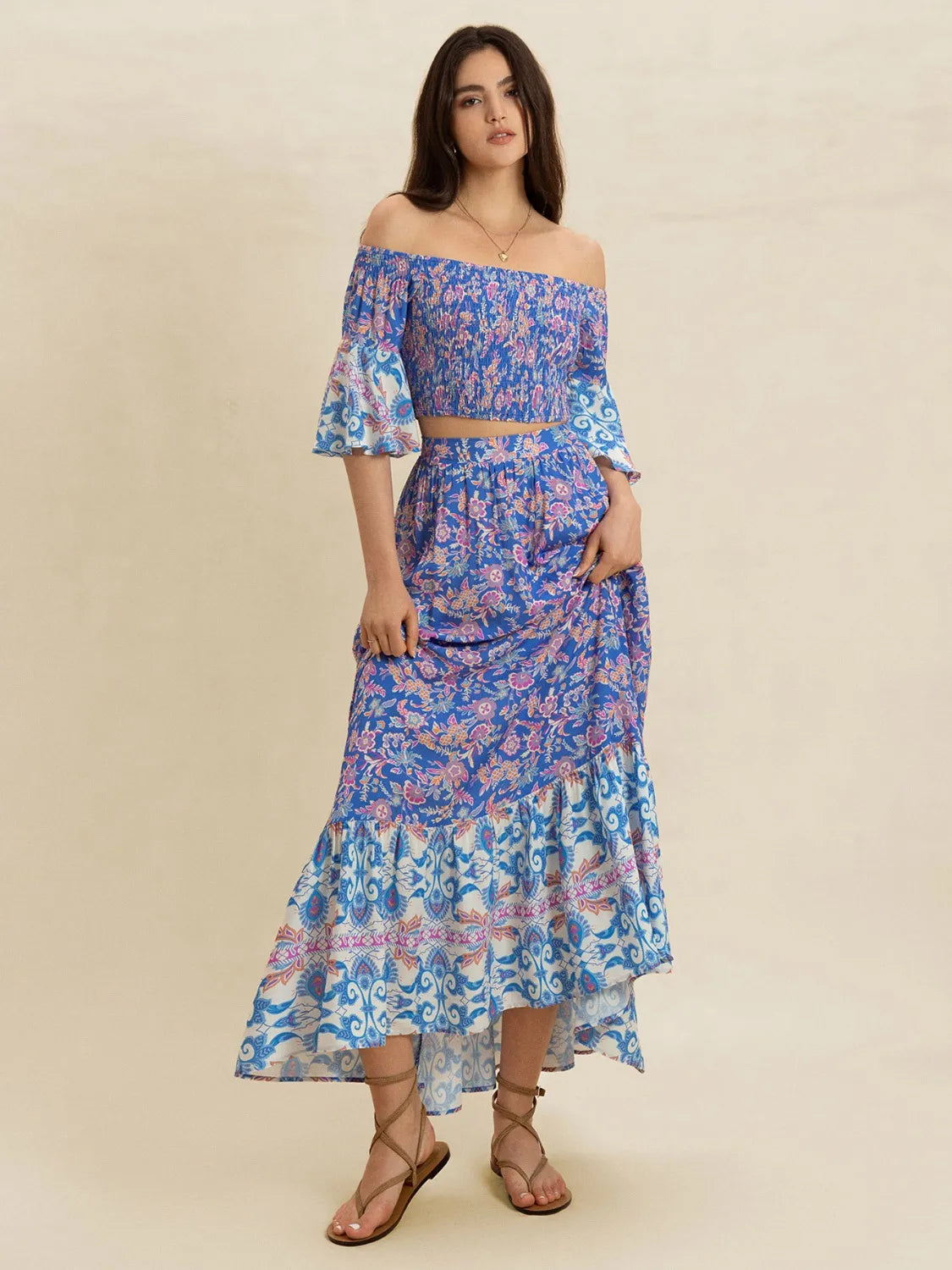 Hazel Blues® |  Smocked Off-Shoulder Printed Top and Skirt Set