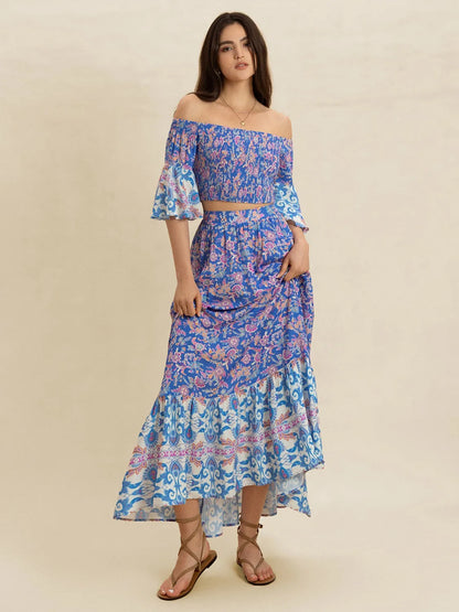 Hazel Blues® |  Smocked Off-Shoulder Printed Top and Skirt Set