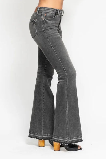 Hazel Blues® | Judy Blue Mid Rise Tummy Control Washed Gray Release Hem Flare Jeans