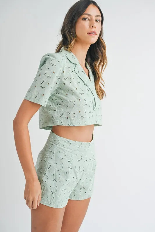 Hazel Blues® |  MABLE Eyelet Short Sleeve Crop Top and Shorts Set