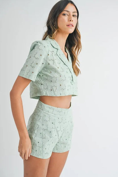Hazel Blues® |  MABLE Eyelet Short Sleeve Crop Top and Shorts Set
