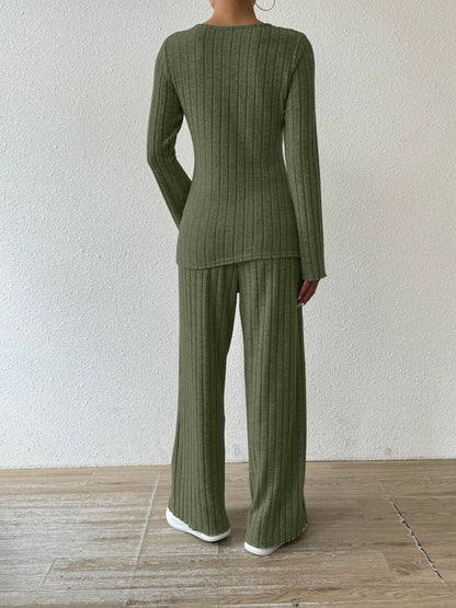 Hazel Blues® |  Ribbed V-Neck Long Sleeve Top and Pocketed Pants Set
