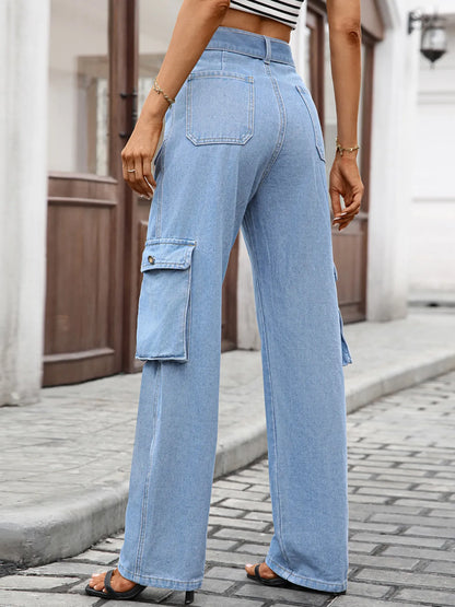 Hazel Blues® |  High-Waisted Multi-Pocket Cargo Jeans