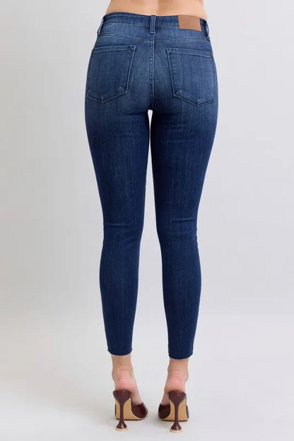 Hazel Blues® | Judy Blue Mid Rise Skinny Jeans with Raw Hem
