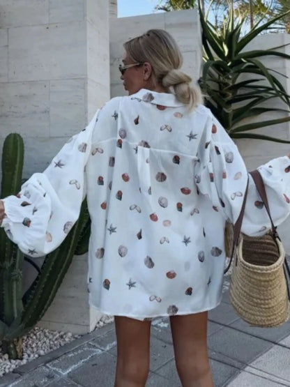 Hazel Blues® |  Shell Print Long Sleeve Shirt and Belt Shorts Set